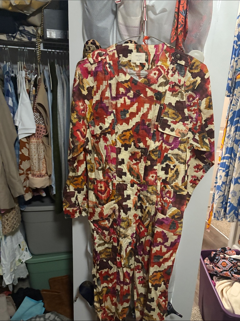 Sezane Multicolor Ikat-Print Jumpsuit in Cream, Pink, Brown & Gold